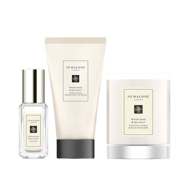 Jo Malone Wood Sage & Sea Salt products including a perfume, lotion, and candle on a white background