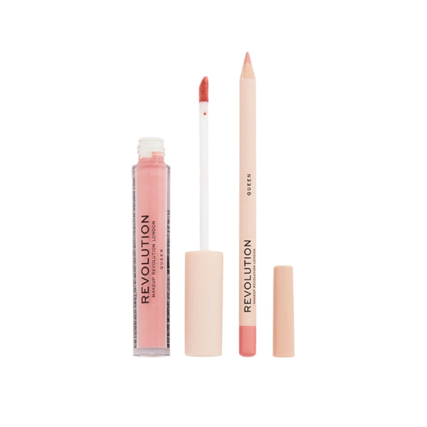 Makeup set with lip gloss, lip liner, and pencil on a white background