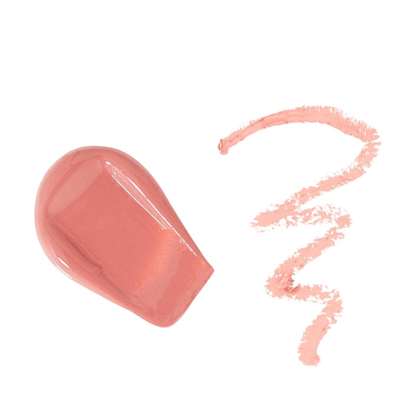 Pink lip gloss with a swatch on a white background