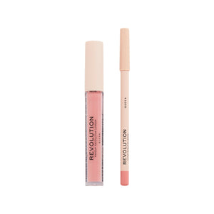 Revolution lip gloss and lip liner set on a white background