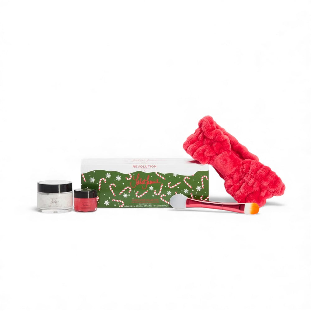 Makeup product set with a jar, brush, and headband on a white background